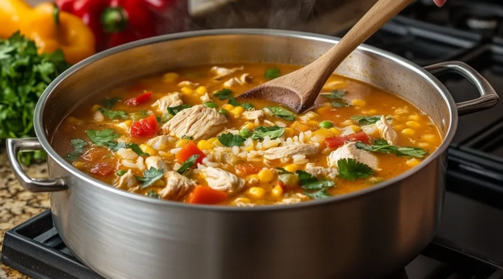 Steaming bowl of Chopt spicy chicken soup with rice