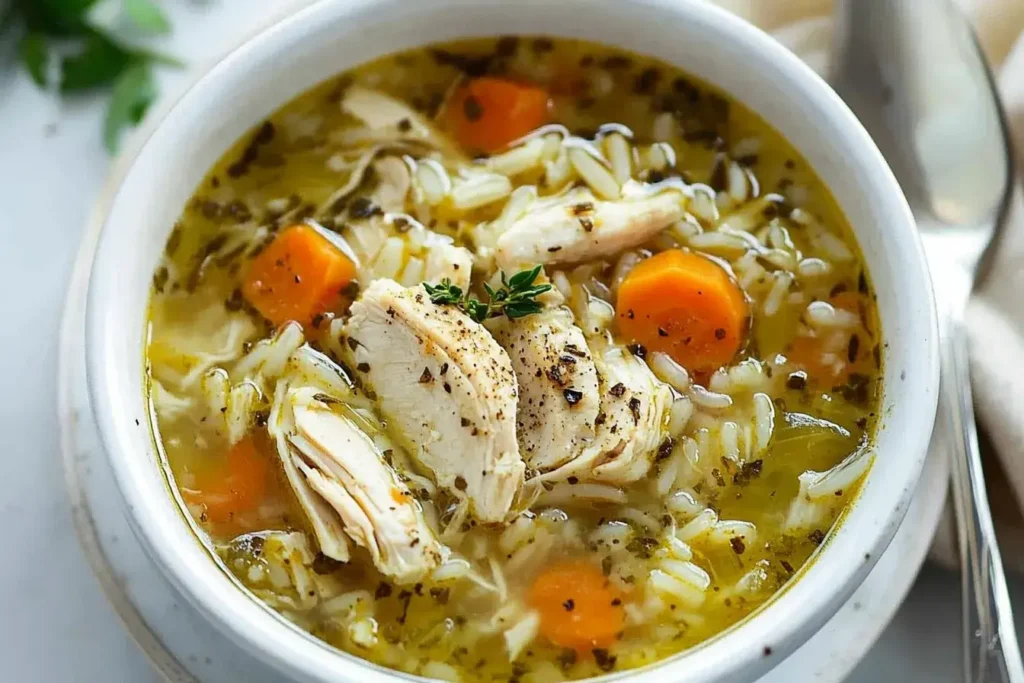 Cozy bowl of soup with perfectly cooked rice and fresh herbs