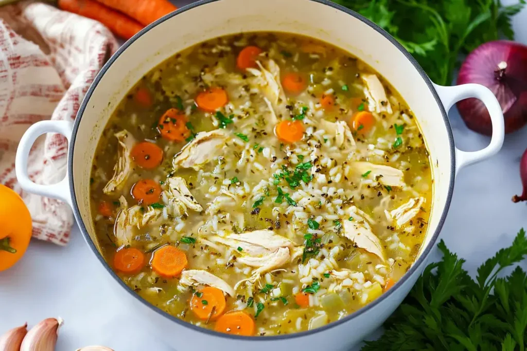 Ladle of soup with perfectly cooked rice and vegetables