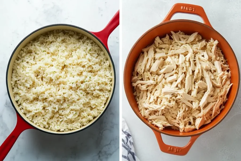 Ingredients for cooking soup with rice on a wooden board