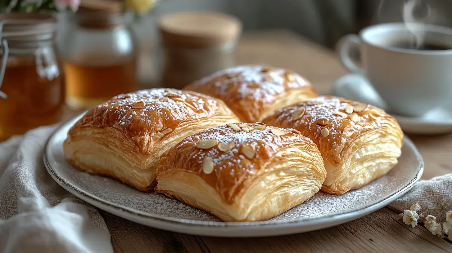 A plate of flaky, golden Swiss pastries with powdered sugar and almonds, paired with a steaming cup of coffee on a rustic table
