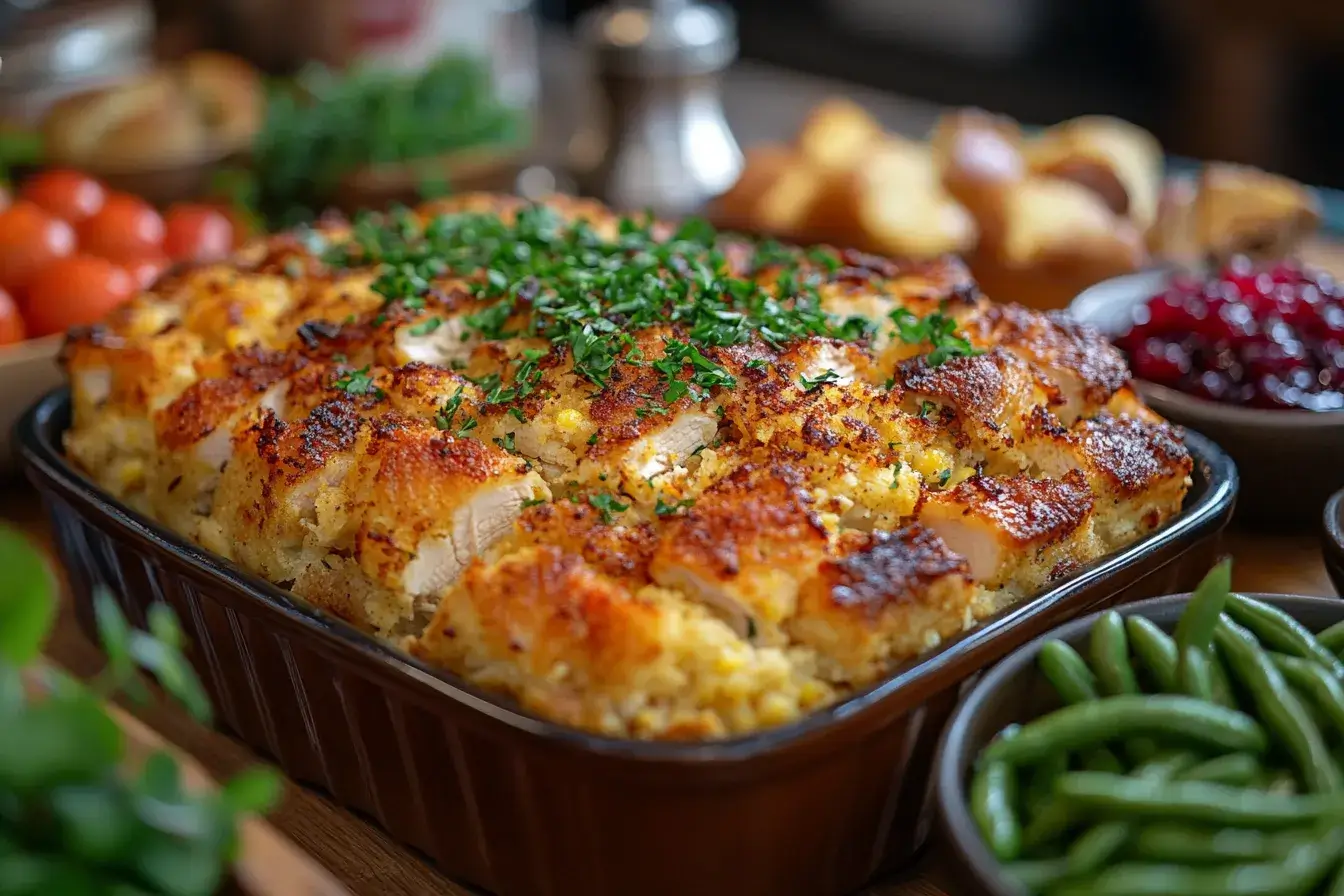 Southern Chicken and Dressing Recipe Plated with Side Dishes