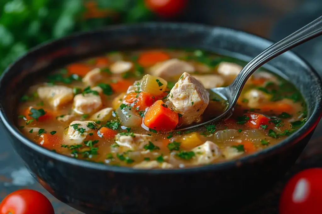 A ladle of chicken soup with vibrant vegetables and golden broth