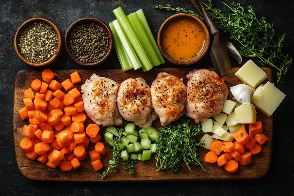 Ingredients for chicken soup laid out on a cutting board