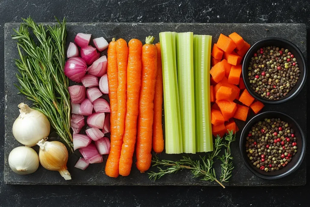  Ingredients for making chicken bone broth, including chicken bones, carrots, celery, and fresh herbs.