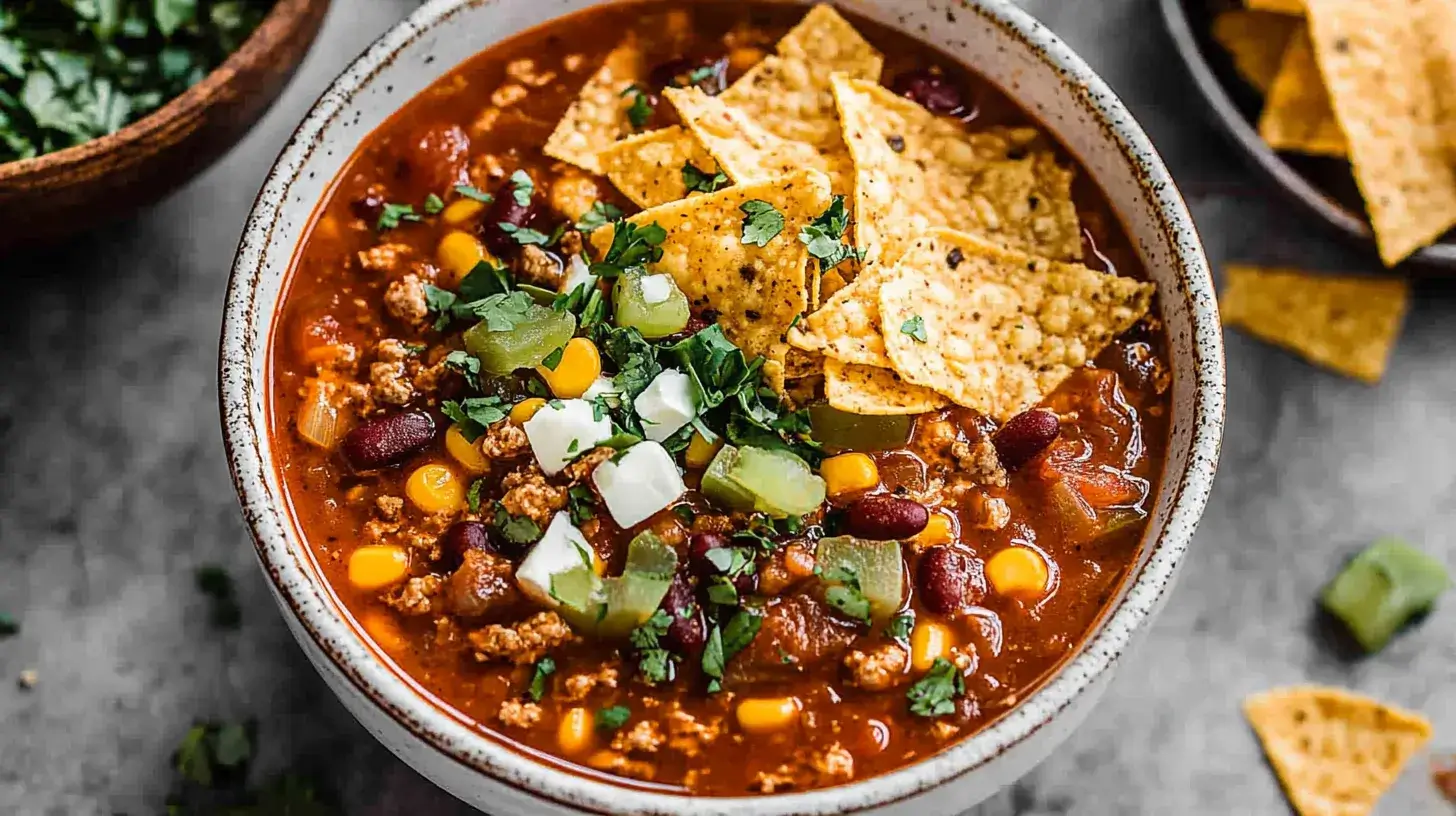 A steaming bowl of taco soup frios garnished with tortilla chips, beans, corn, and fresh cilantro