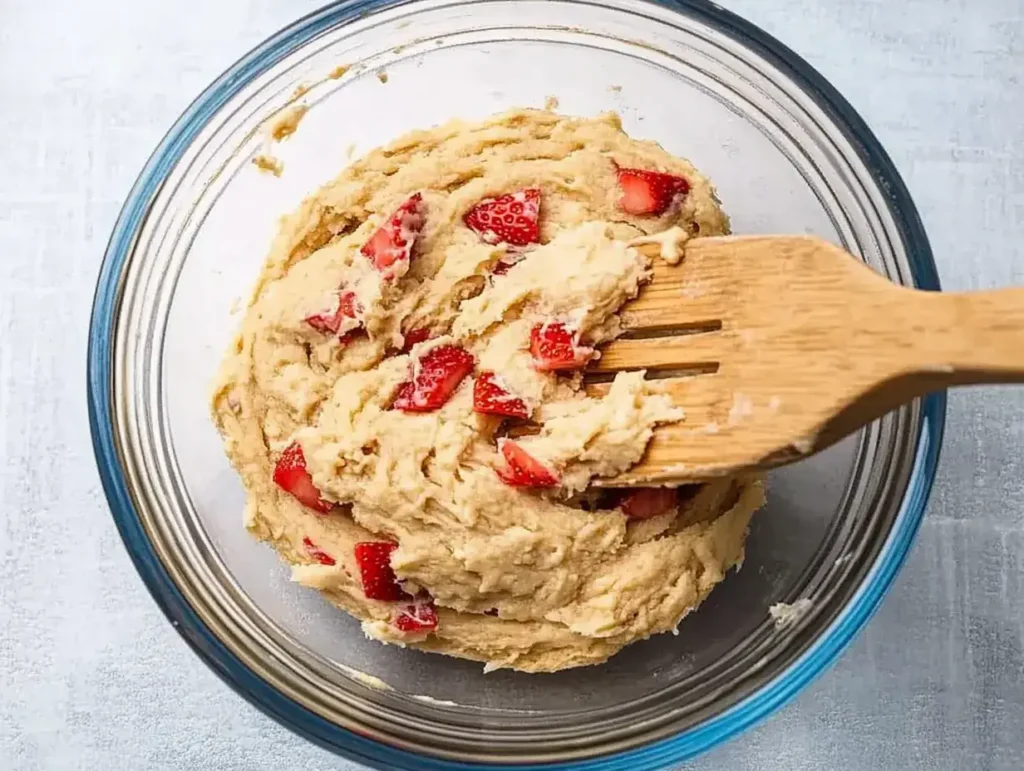 Mixing bowl with creamy dough and fresh strawberry on the side for strawberry cheesecake cookies.