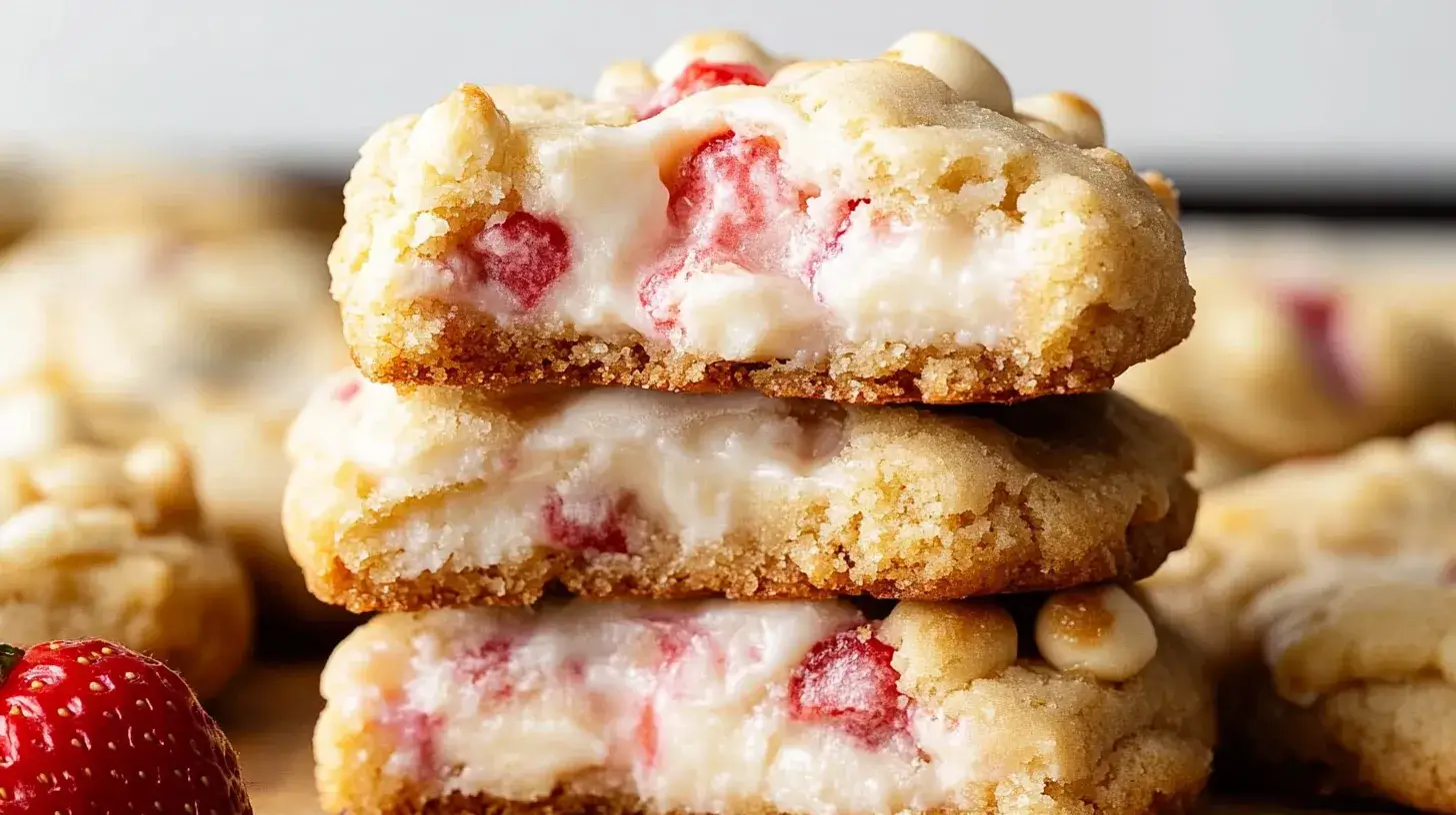 Freshly baked strawberry cheesecake cookies with vibrant strawberries and cream cheese.