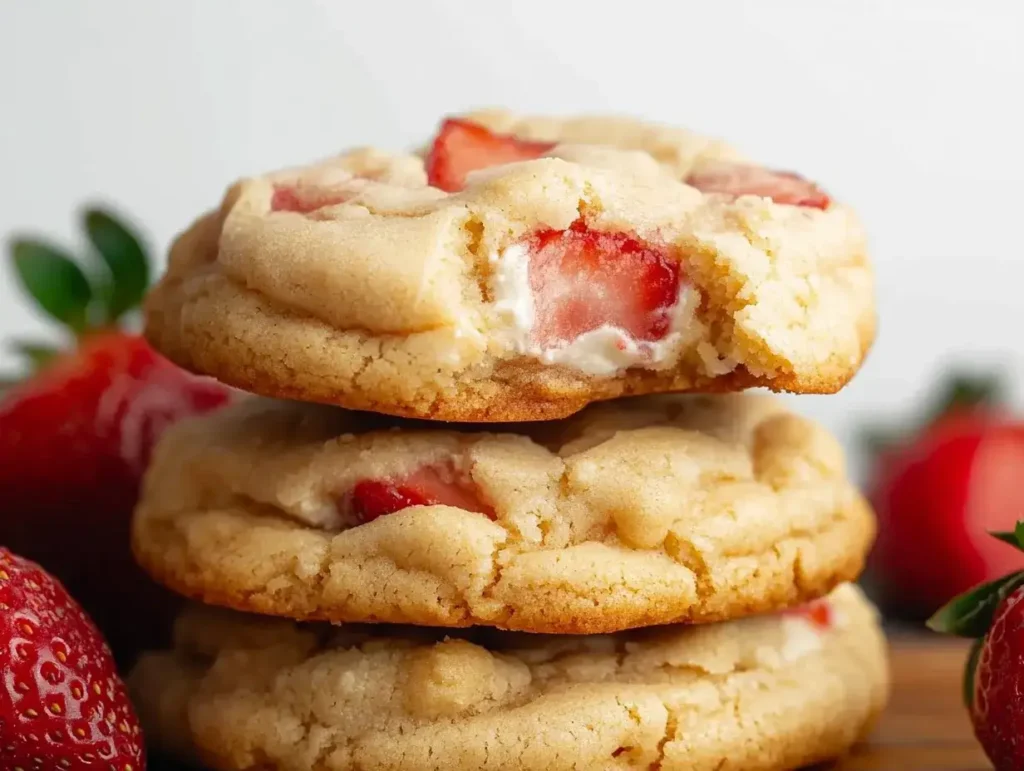  A stack of strawberry cheesecake cookies with fresh strawberries surrounding them.