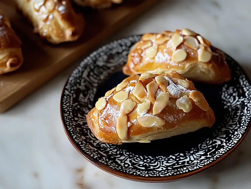 Close-up of two almond-topped Swiss Gipfeli pastries on a decorative plate.