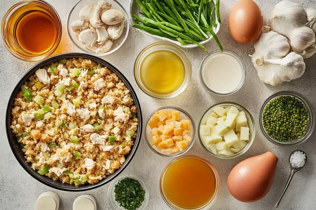 "Ingredients for Chicken and Dressing Recipe on a Wooden Cutting Board