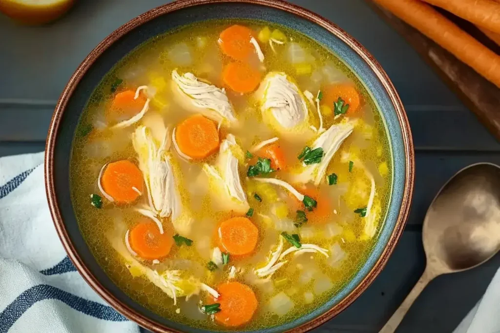 A bowl of chicken soup with golden broth and fresh herbs