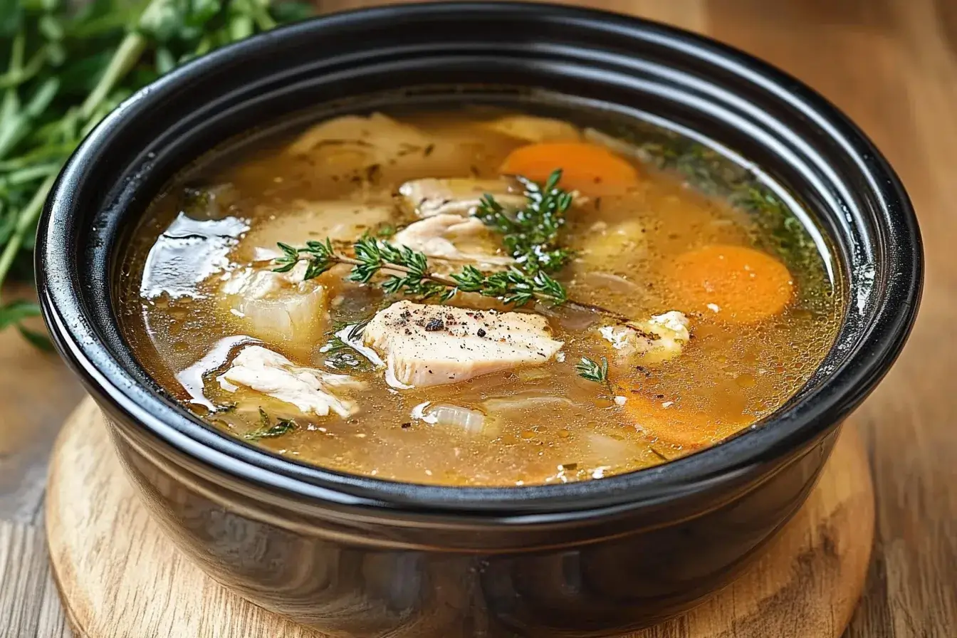 A steaming bowl of chicken bone broth surrounded by fresh herbs and vegetables.