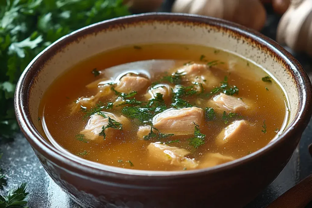 A simmering stockpot of chicken bone broth with visible vegetables and chicken bones.
