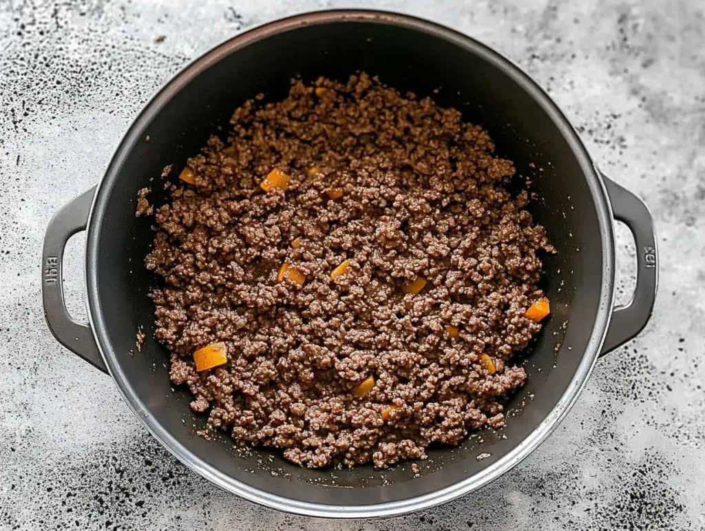 A pot of ground beef being cooked with diced peppers, forming the base of a taco soup frios recipe.