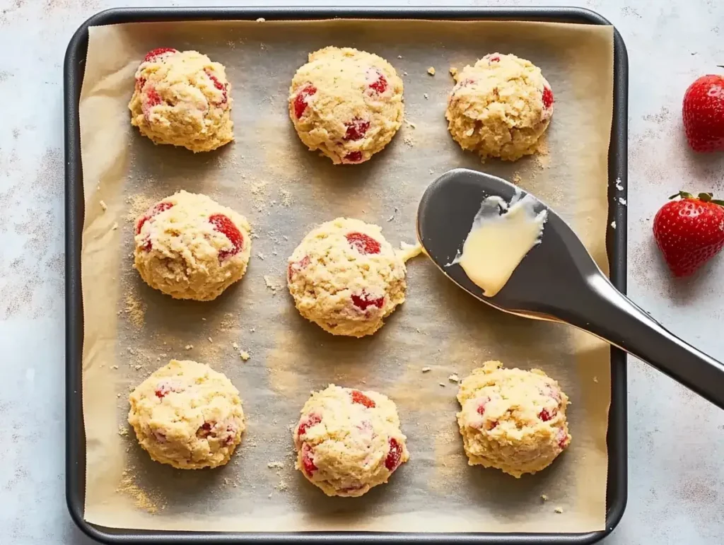 A stack of strawberry cheesecake cookies with vibrant strawberry pieces inside.