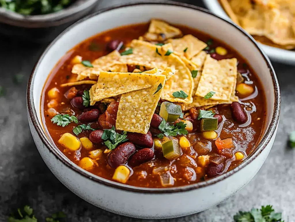 A fully garnished bowl of taco soup frios topped with sour cream, cheese, and tortilla chips.