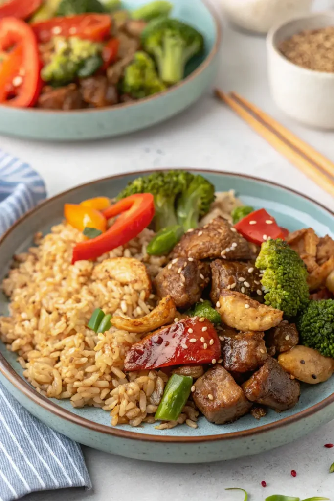 Plated hibachi steak and shrimp with fried rice and yum yum sauce.