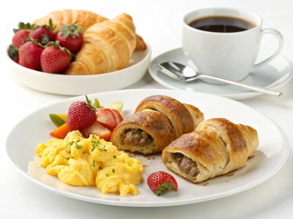 Breakfast Sausage Crescent Rolls Served with Eggs and Fruit