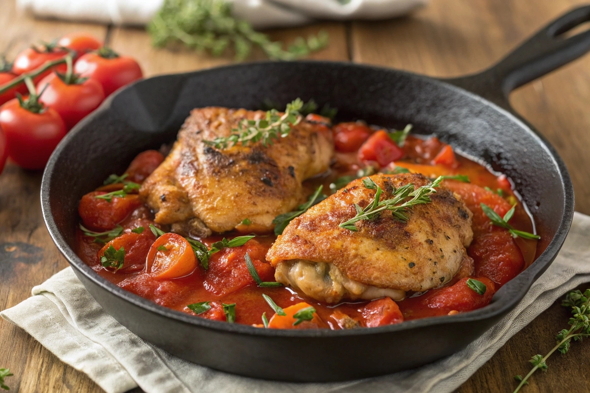 Skillet chicken thighs with schmaltzy tomatoes served with fresh herbs.