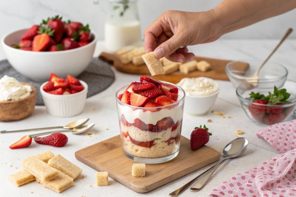 Layering a strawberry shortcake parfait with fresh strawberries, whipped cream, and cake.
