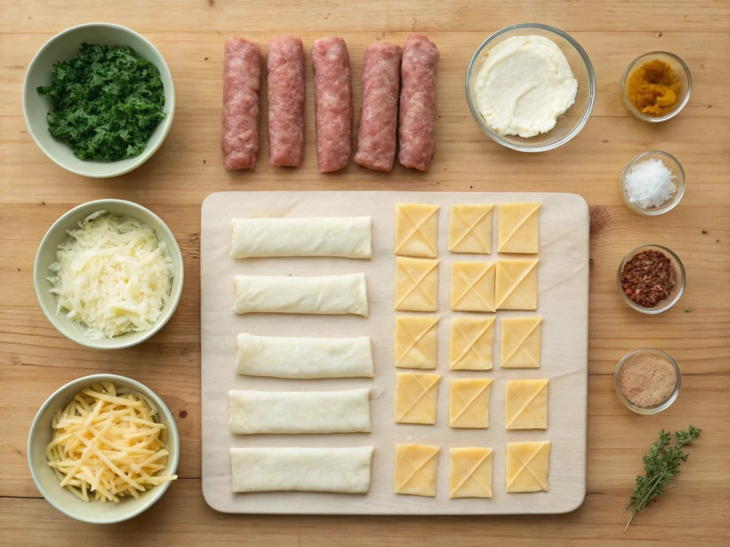 Ingredients for Breakfast Sausage Crescent Rolls on Wooden Surface