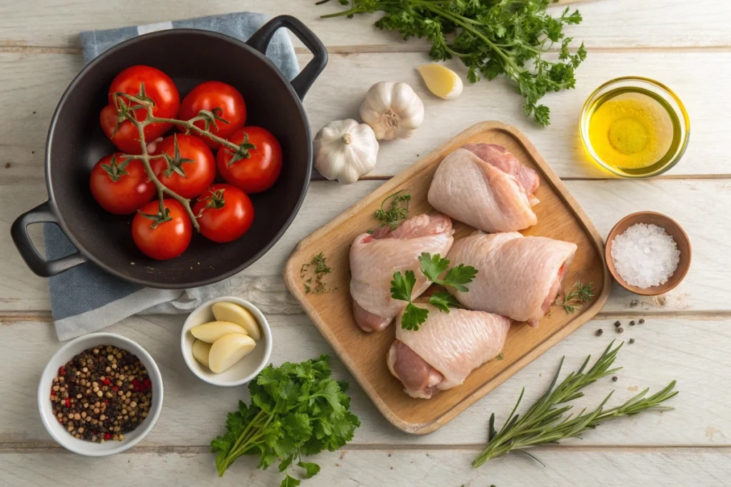 Ingredients for skillet chicken thighs with schmaltzy tomatoes, including chicken thighs, fresh tomatoes, garlic, and herbs.