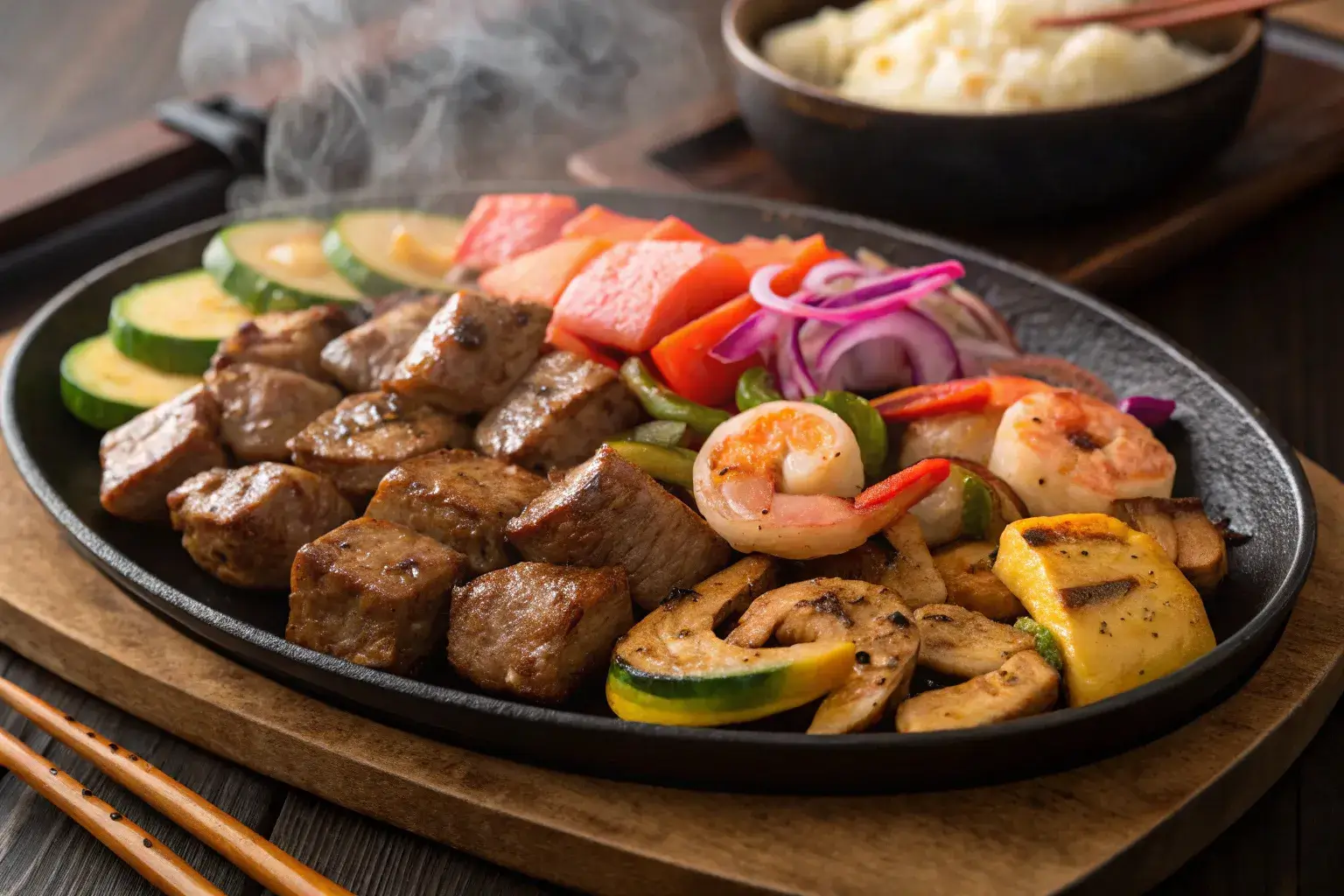 Plate of hibachi steak and shrimp with vegetables and garlic butter