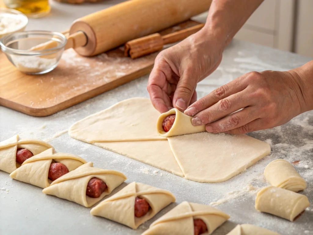 Rolling Sausage into Crescent Dough for Breakfast Rolls
