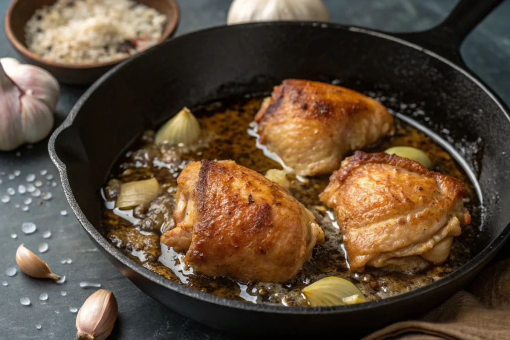 Chicken thighs searing in a cast iron skillet with bubbling schmaltz and sautéed garlic.