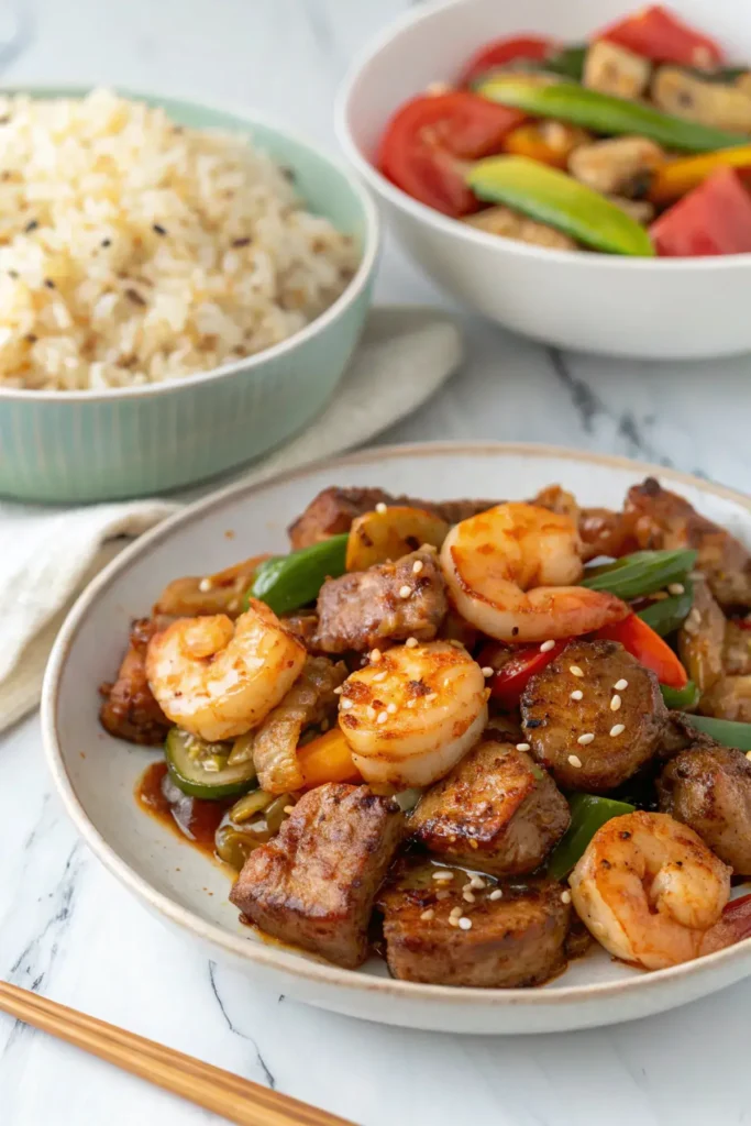 Plate of hibachi steak and shrimp with vegetables and garlic butter.