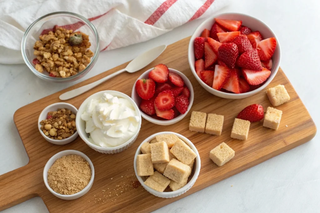 Ingredients for strawberry shortcake parfait including strawberries, whipped cream, and shortcake on a cutting board.
