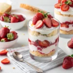 A beautifully layered strawberry shortcake parfait with fresh strawberries and whipped cream in a glass.