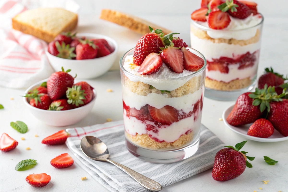 A beautifully layered strawberry shortcake parfait with fresh strawberries and whipped cream in a glass.