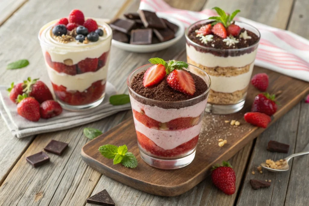 Three variations of strawberry shortcake parfaits: classic, chocolate, and mixed berry.