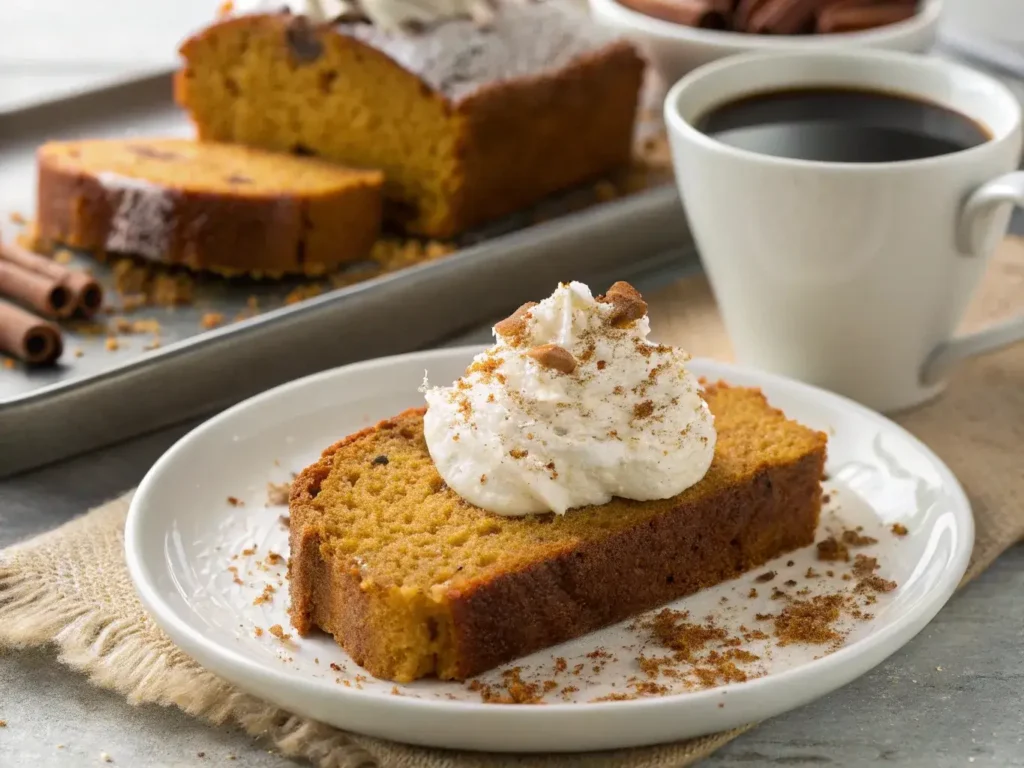 A slice of sweet potato bread with whipped cream and coffee.