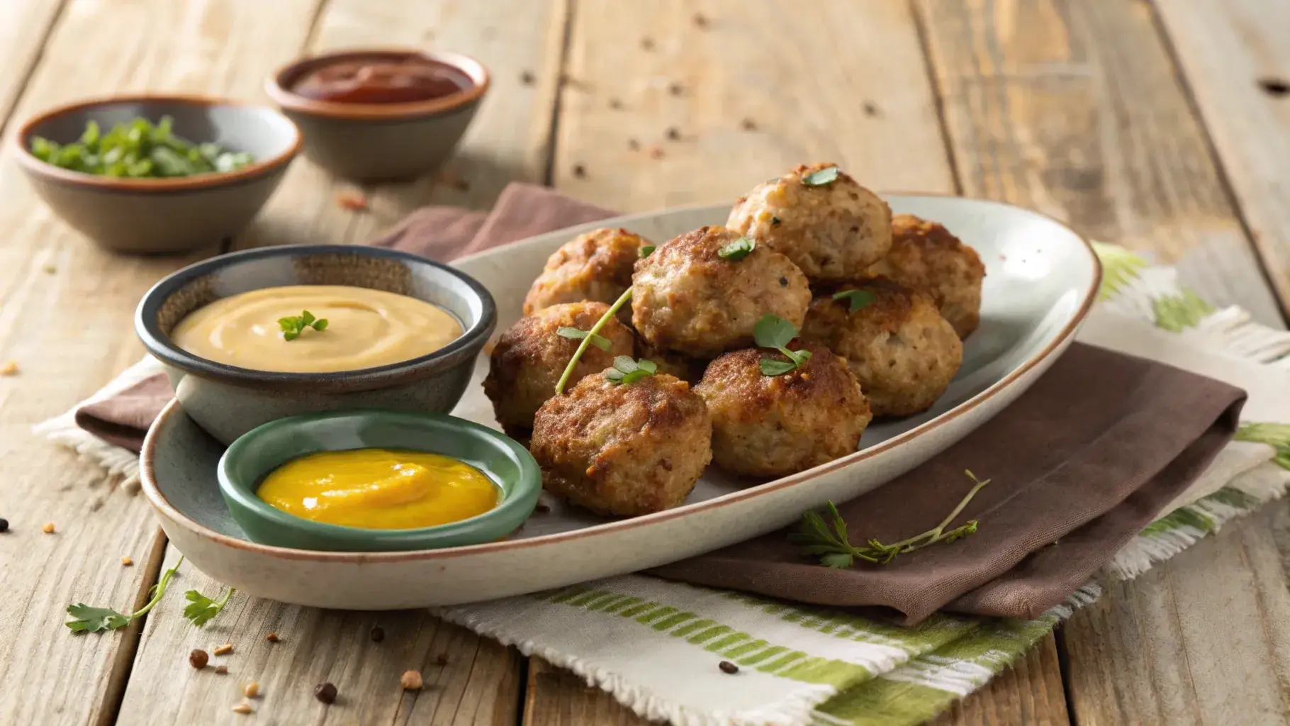 Golden-brown sausage balls served with dipping sauces.