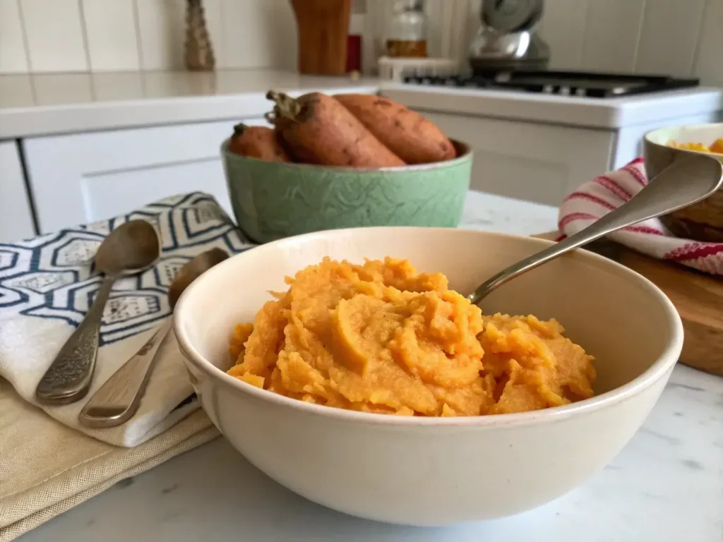  Mashed sweet potatoes in a bowl on a kitchen counter.