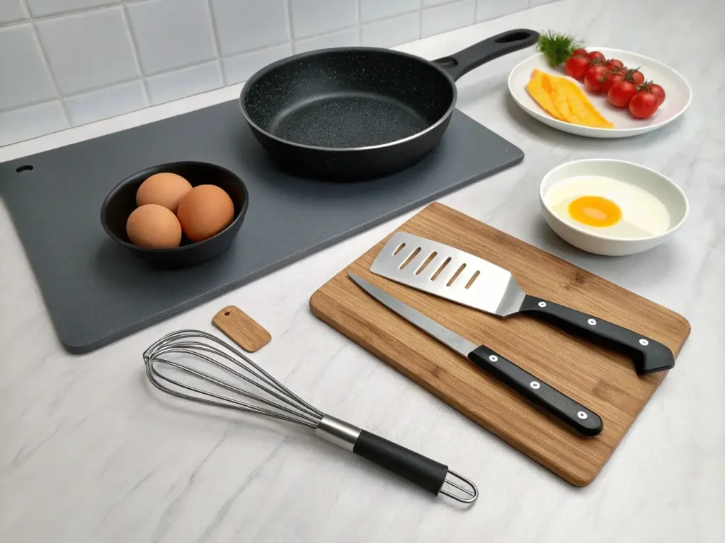 Kitchen tools on a countertop for making a Denver omelette