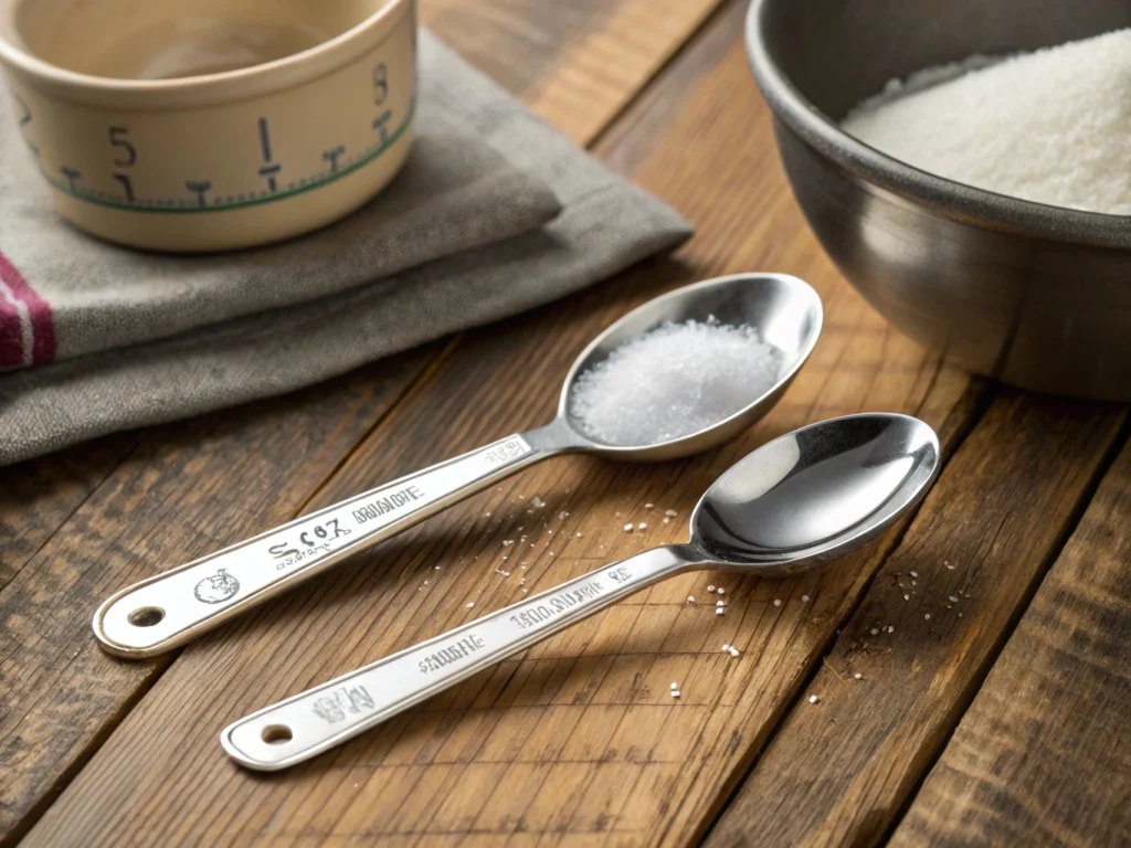 Close-up of measuring spoons for teaspoon and tablespoon conversions.