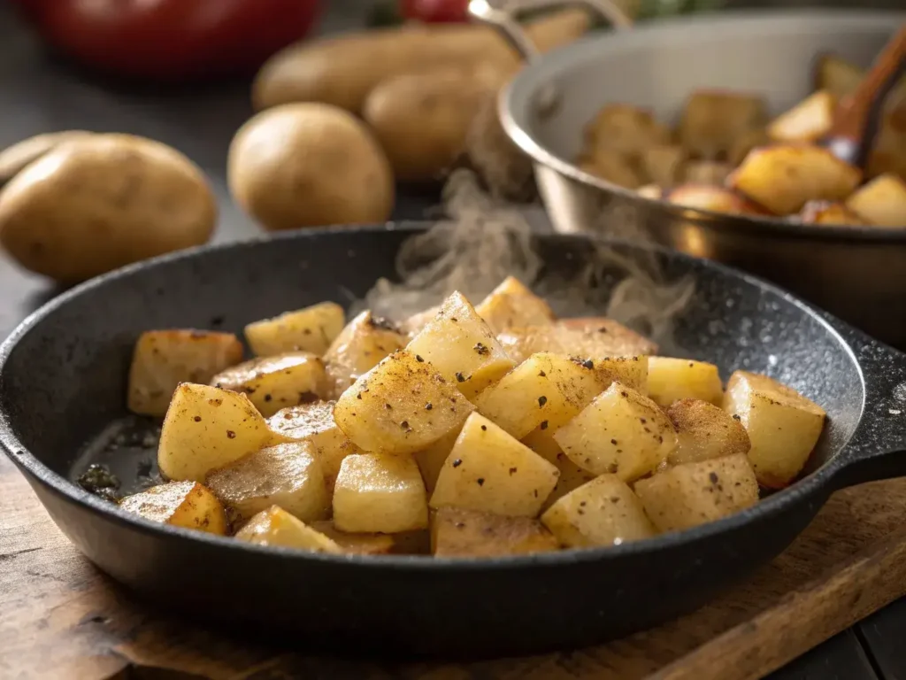 Diced potatoes cooking in a skillet for a Denver omelette