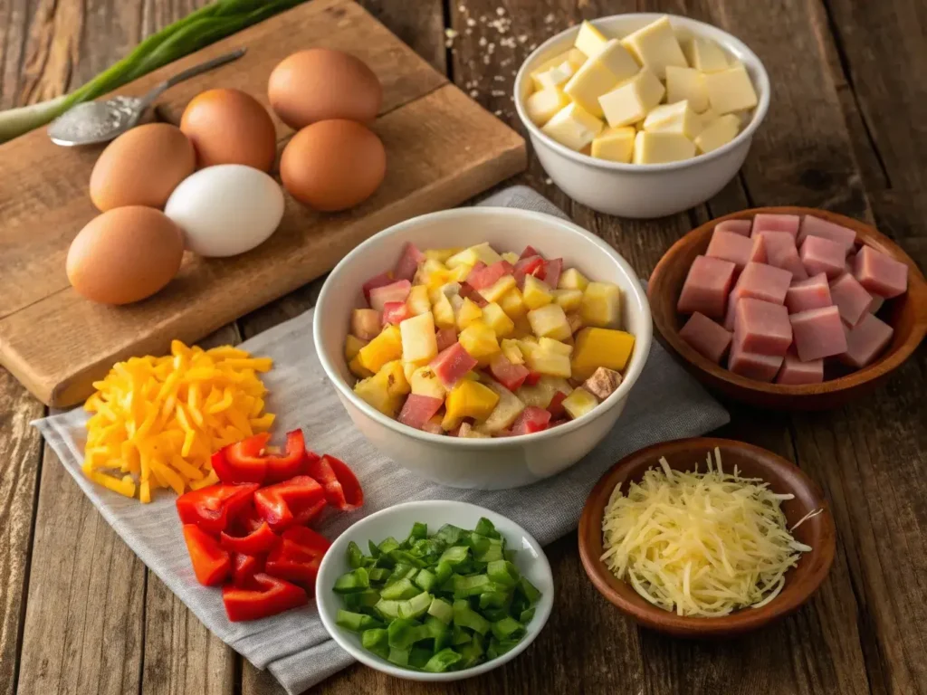 Denver omelette ingredients including eggs, potatoes, peppers, onions, and cheese