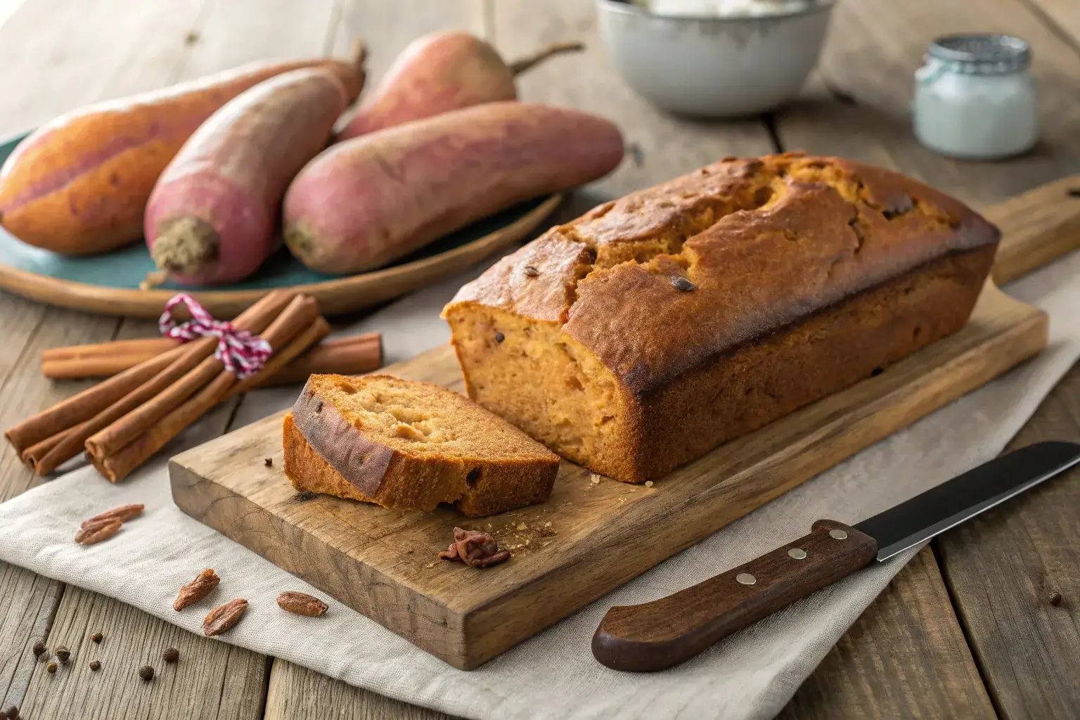 Freshly baked loaf of sweet potato bread with sweet potatoes and cinnamon sticks.