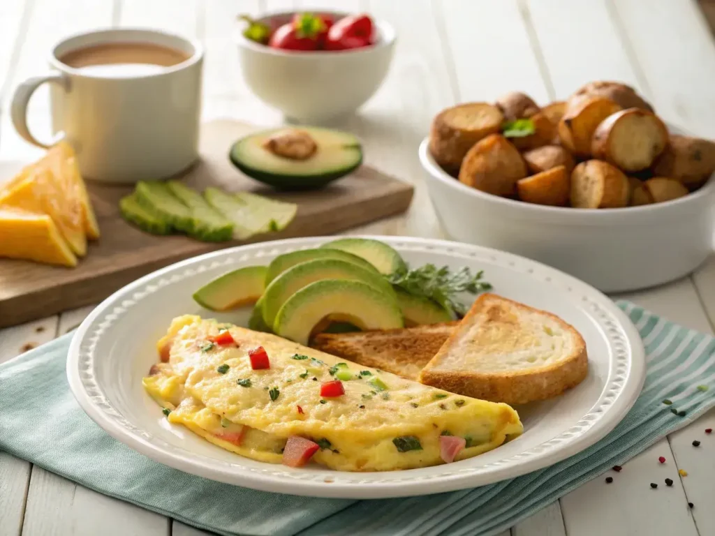Denver omelette served with toast, avocado, and fresh fruit on a breakfast table