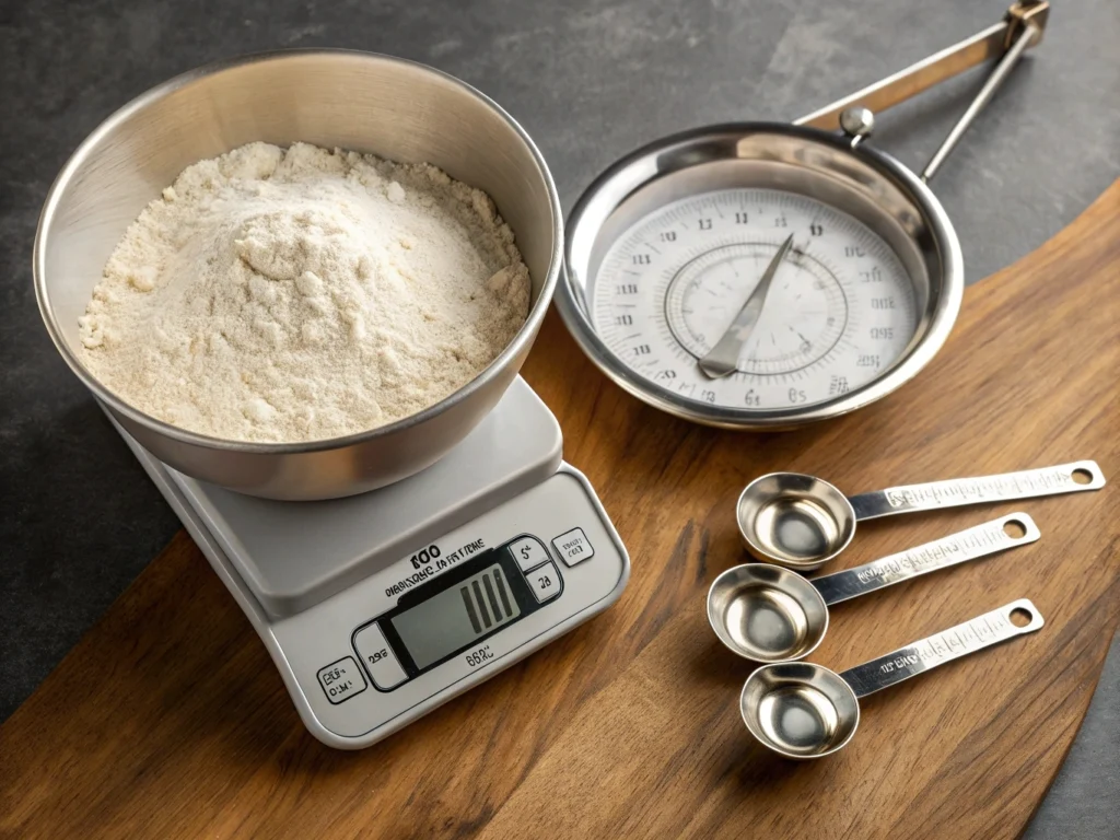 Kitchen scale and measuring spoons for precise ingredient measurements.
