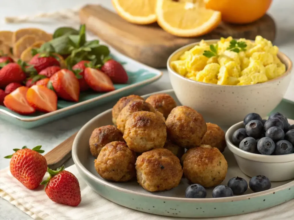 Sausage balls served with scrambled eggs and fresh fruit.
