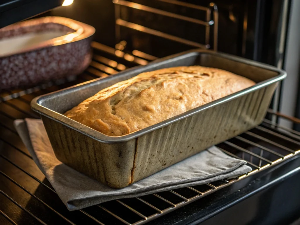 Banana bread loaf pan entering the oven.