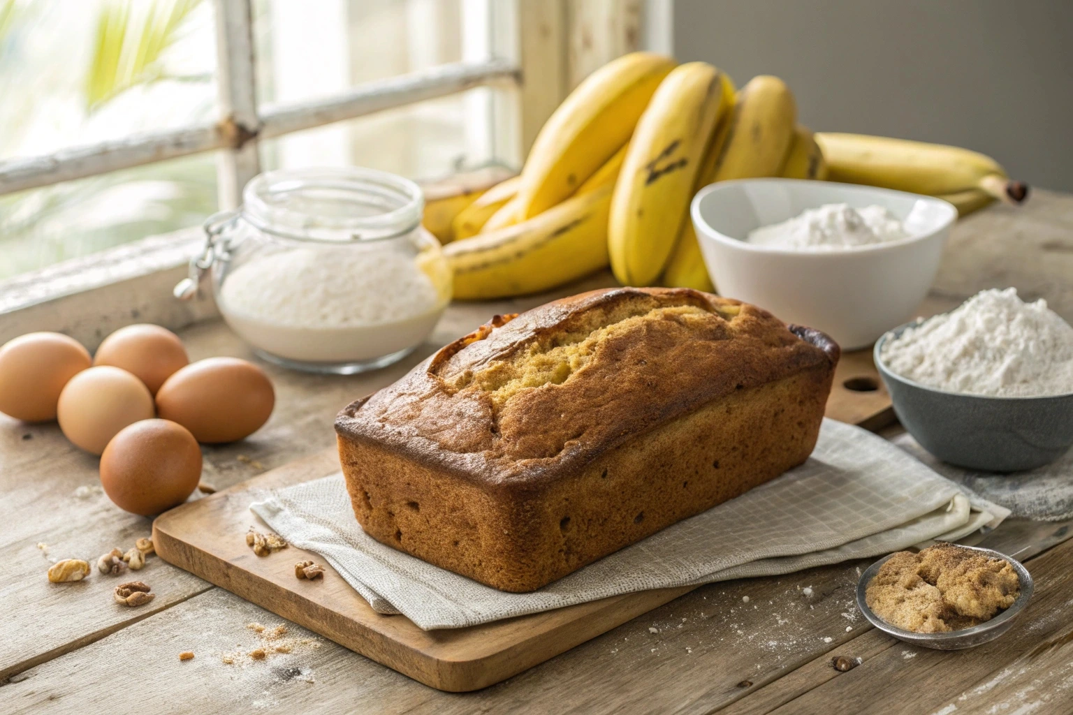 Freshly baked banana bread with two ripe bananas.