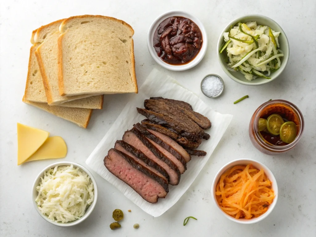  Ingredients for beef brisket sandwich arranged on a countertop