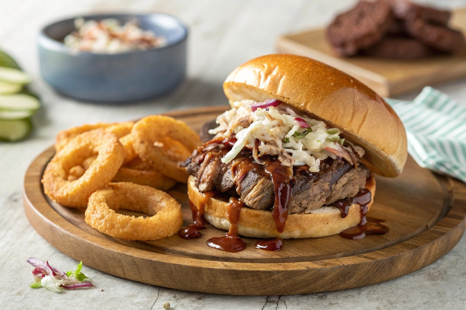 Juicy beef brisket sandwich with coleslaw and barbecue sauce